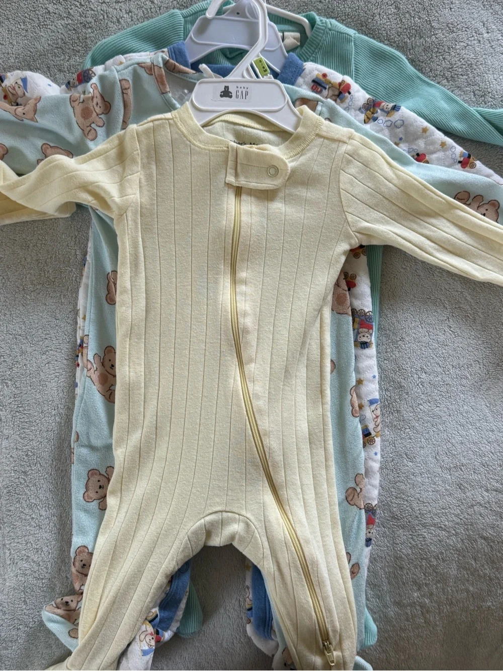 Cozy Baby Footed Pajamas Set - Teddy & Train Prints, Mint + White
